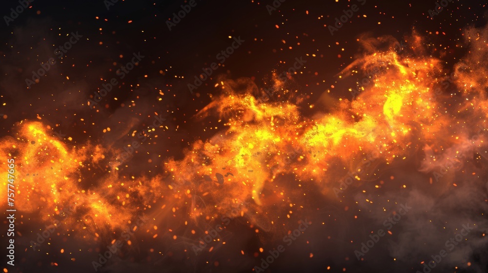 Flames and smoke with fire sparks on a transparent background. Isolated glowing orange spark abstract illustration. Hell bonfire with hot cinders.