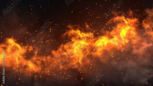 Flames and smoke with fire sparks on a transparent background. Isolated glowing orange spark abstract illustration. Hell bonfire with hot cinders.