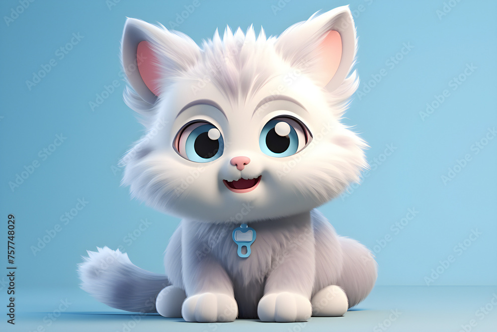 Fluffy white Cat on blue background, generated by AI. 3D illustration Fluffy white Cat on blue background, generated by AI. 3D illustration