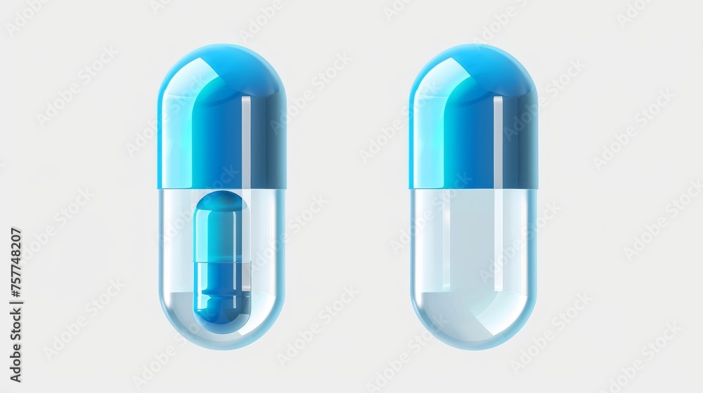 Floating empty pill capsules on transparent background. Rendering of pharmaceutical capsules, medical tablets, antibiotics, or herbal drugs enclosed in clear plastic or glass tubes. Floating empty pill capsules on transparent background. Rendering of pharmaceutical capsules, medical tablets, antibiotics, or herbal drugs enclosed in clear plastic or glass tubes.