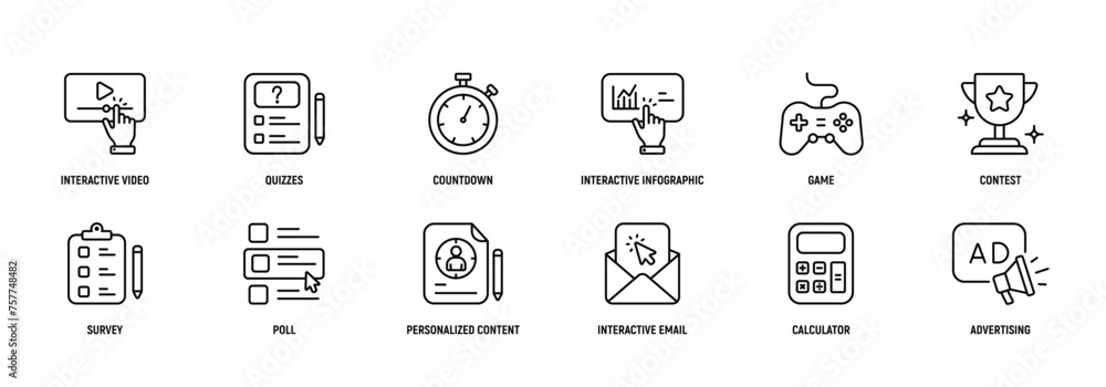 Interactive Marketing icon Line Icon Set, Editable Stroke.Quiz, Countdown, Game, Contest, Calculator, Survey, Poll, Strategy. Interactive Marketing icon Line Icon Set, Editable Stroke.Quiz, Countdown, Game, Contest, Calculator, Survey, Poll, Strategy.