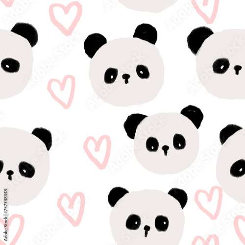 cute hand drawn panda face with pink hearts, kids seamless pattern neutral background