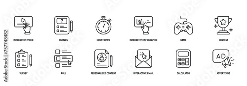 Interactive Marketing icon Line Icon Set, Editable Stroke.Quiz, Countdown, Game, Contest, Calculator, Survey, Poll, Strategy.