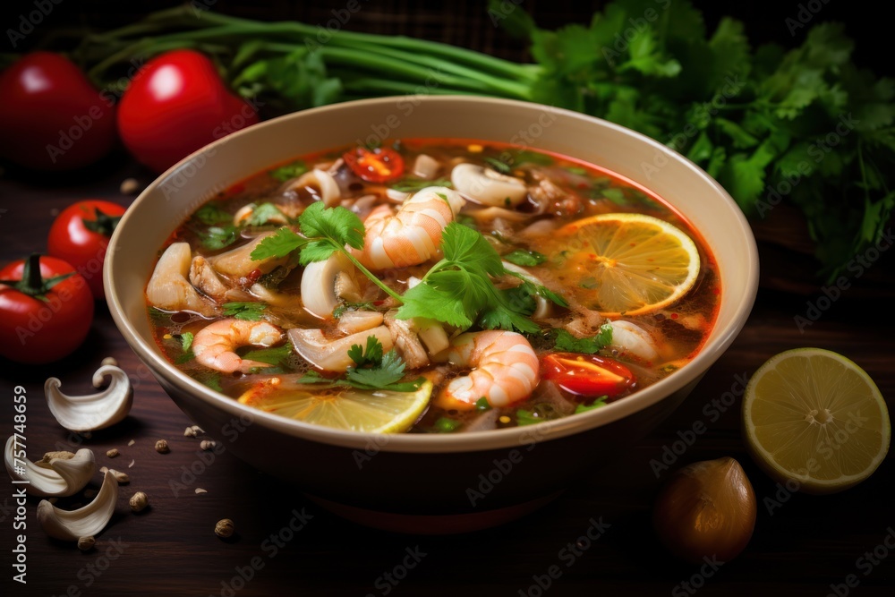 Tom Yum Fish, Ingredients: Bite-sized pieces of soft fish. Tom yum with clear soup,