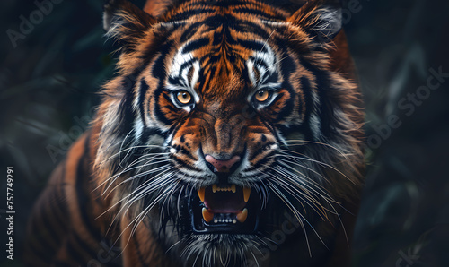 Tiger portrait action s face is angry and Looking at the camera  Generative AI