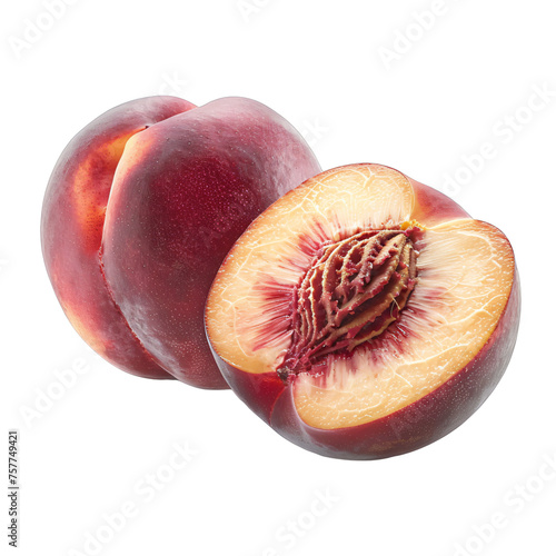 Whole and halved peach isolated on transparent background PNG. Studio food photography with close-up detail. Summer fruit and healthy eating concept. Design for menu, recipe book, food blog.