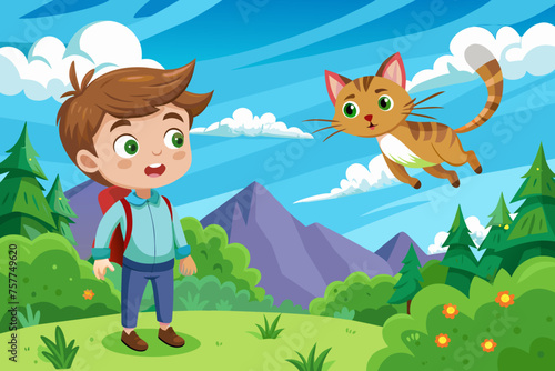 an  illustration showing a boy liam and a flying