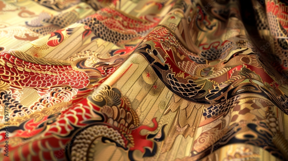 Produce a lifelike Metotype artwork depicting the intricate patterns and textures of traditional Asian textiles