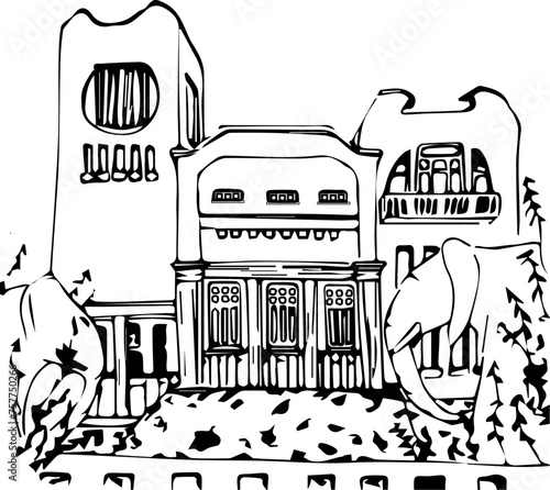 Image, sketch of a house with elephants, Golovkin's dacha, Samara city, Russia, Art Nouveau house