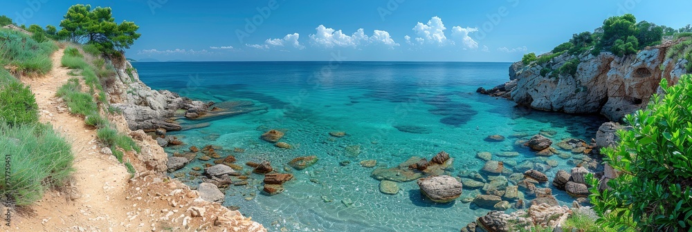 Rocky Entrance Sea On Background Blue, Background Banner HD