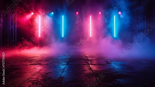 Dark Empty Stage with Neon Lights, Smoke, and Asphalt Texture © Bijac