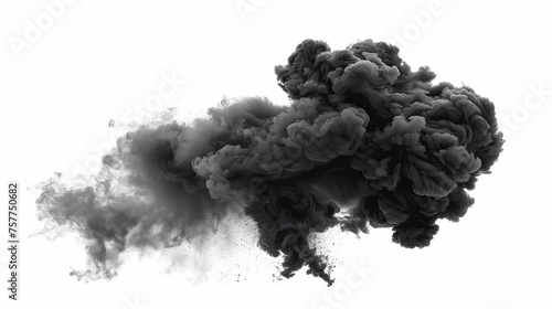 Dramatic black smoke explosion with brush stroke texture isolated on white background