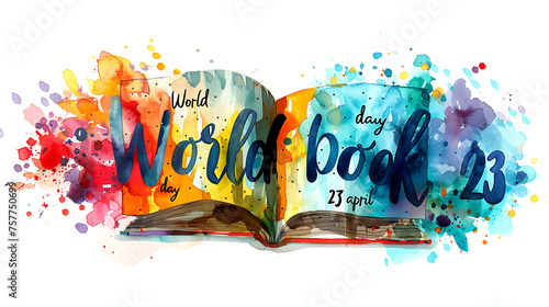 watercolor open book with text World book day 23 april #757750699