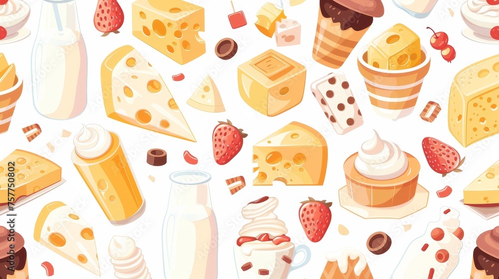 A seamless pattern with dairy products like milk, cheese, yogurt and endless food. It can be used for textiles, wrapping, and fabric design. Colored flat modern illustration of dairy products.