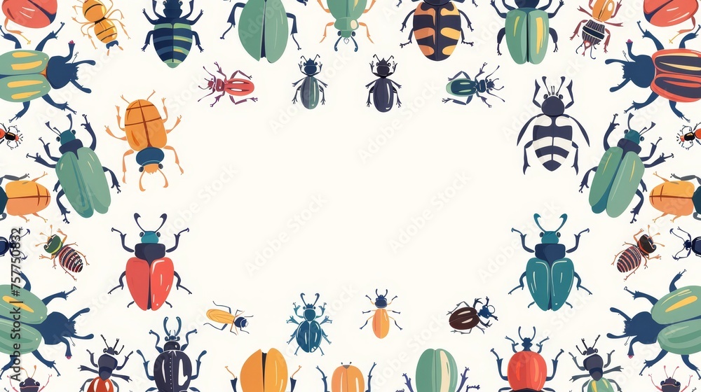 A framed design with insects and bugs. Modern illustration with colorful flat graphic moderns. Summer nature, exotic fauna, colorful species pattern.