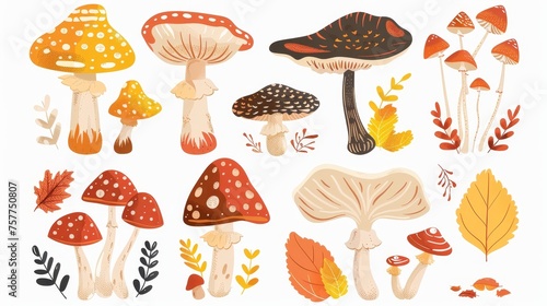 Fall forest fungi, mushrooms set with boletus, porcini, amanita, fly agaric, caps and stalks. Flat modern illustration on a white background.