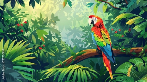 Illustration of a lush tropical rainforest teeming with colorful parrots and diverse flora