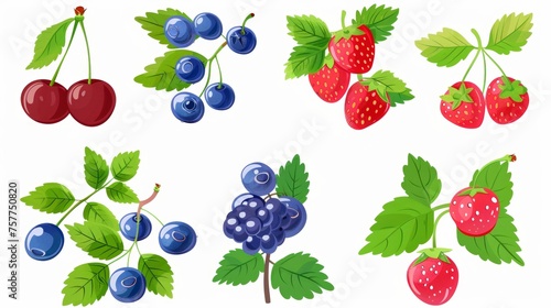 A set of berries with leaves. Fresh cherry, blueberry, bilberry, whortleberry, raspberry and strawberry fruits. Natural vitamin summer eating. Isolated on white.