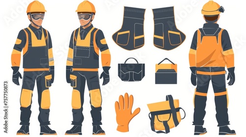 Occupational safety outfit. Work uniform, protective equipment. Security helmet, protective eyeglasses, vest, apron, gloves. Modern flat graphic illustration isolated on white. photo
