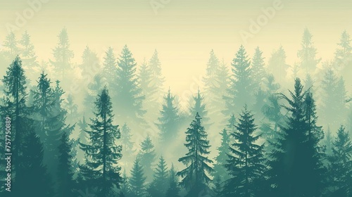 Misty Fir Forest Landscape in Vintage Retro Style