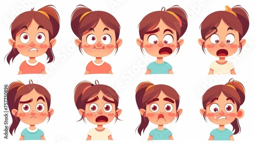 Emotions, facial expressions of a child. A child in different moods. A happy, upset, sad, surprised, joyful, bored and angry girl character. Modern illustration on white background.