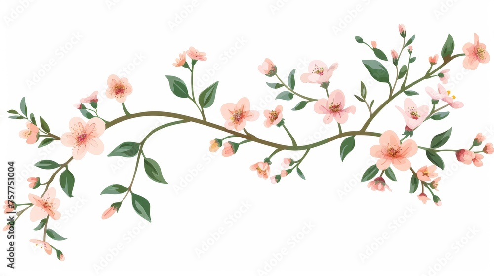 Floral branch. Spring flower twig. Fragile delicate field bloom. Meadow herbs. Simple botanical flat modern illustration.