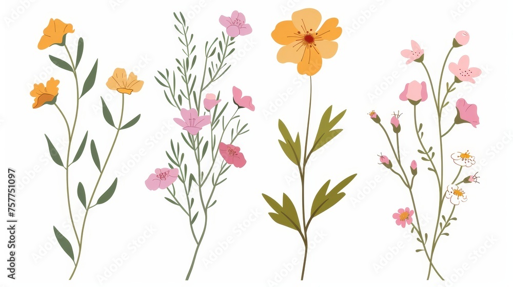 Field flower plant. Summer wildflower. Gentle delicate meadow herb. Delicate natural simple flora. Botanical flat modern illustration isolated on white.