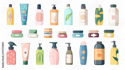 The set includes shampoo  cleansing gel  moisturizing cream  hair spray  and skincare lotion. Flat modern illustrations isolated on white backgrounds.