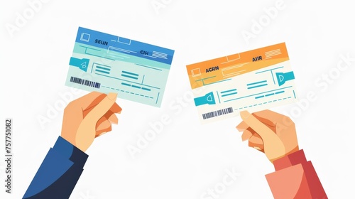 Traveler, tourist holding check in papers for airline, airplane travel, showing for checking. Isolated on white background, two air flight tickets, boarding passes.