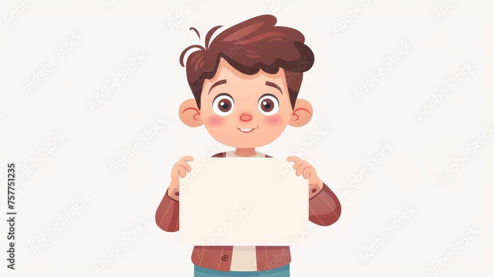 Isolated white background with boy kid holding blank paper banner. Happy cute child is holding clean advertising placard on empty space. Modern illustration flat design.