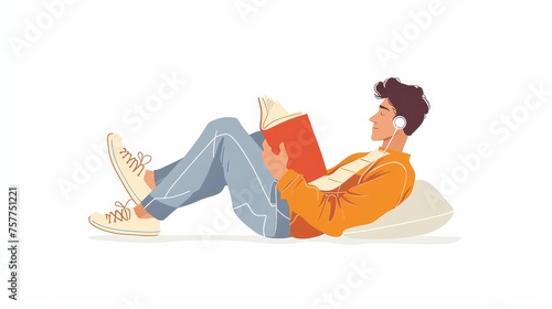 In earphones, reading book and listening to audio. Bookworm with audiobook and paper literature at leisure. Flat modern illustration isolated on white. photo