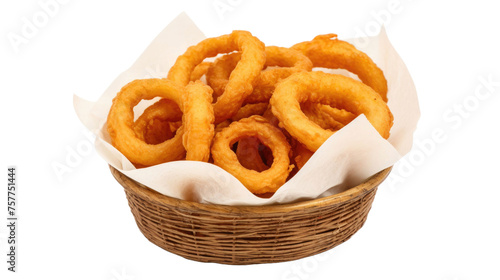 Fried onion rings in a basket isolated on white background 