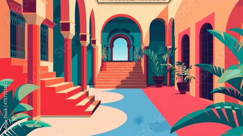 A poster of Marrakech, Morocco. Inspired by Moroccan Berber architecture and textures. Abstract ancient Marrakesh and Medina towers, stairs, arches, interior wall art. Colored flat modern © Mark