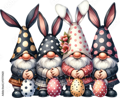 Merry Band of Easter Gnomes, A charming quartet of gnomes with bunny ears, each clutching a decorated Easter egg, ready to add a touch of enchantment and joy to the spring festivities