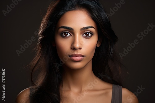 Beautiful South Asian woman, long face, big eyes, prominent nose, brown skin, dark skin,