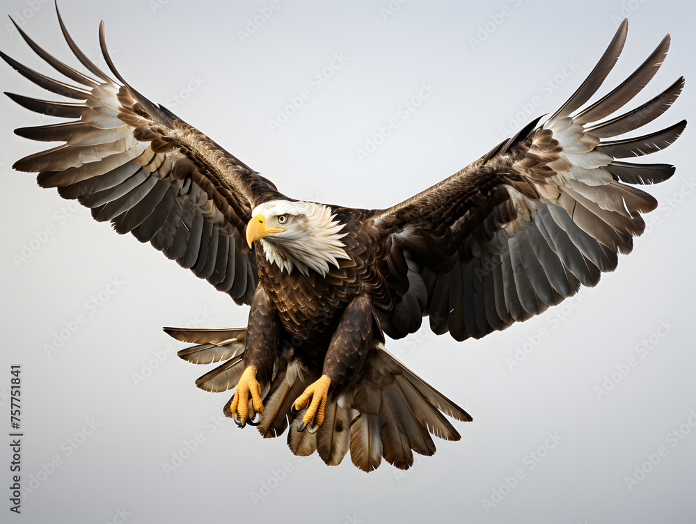 Obraz premium Eagle Flying with Spread Wings Isolated on White Background. Close Up of a Hawk