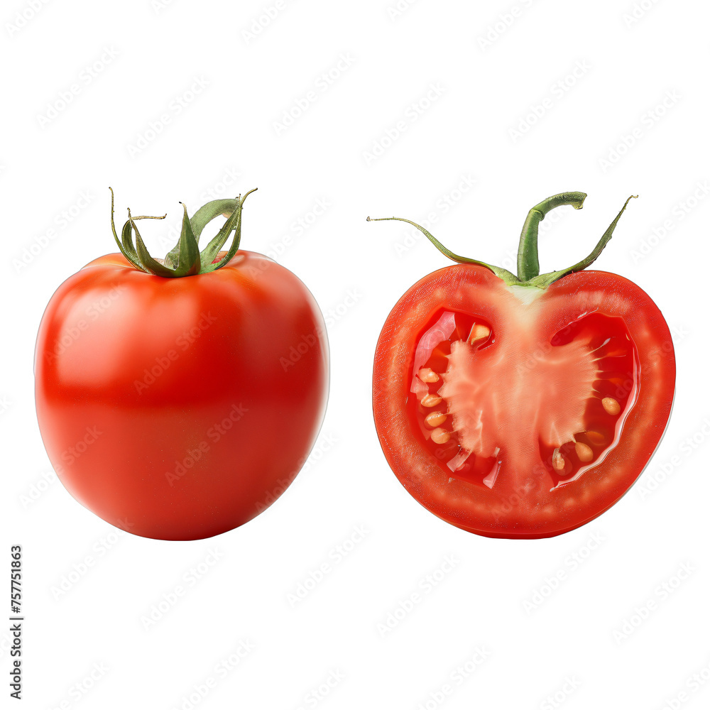 Fresh cherry tomatoes isolated on transparent background PNG. Close-up food photography. Healthy eating and organic gardening concept. Design for grocery, cookbook, food blog.