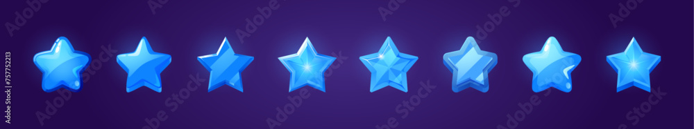 Blue star shape ui game icon vector button set. Glossy badge medal for score or reward gui interface. Magic rate asset collection for review and feedback experience. Different bright shiny xp symbol Blue star shape ui game icon vector button set. Glossy badge medal for score or reward gui interface. Magic rate asset collection for review and feedback experience. Different bright shiny xp symbol