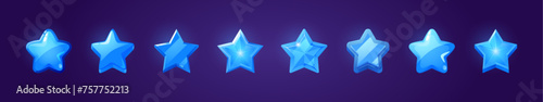 Blue star shape ui game icon vector button set. Glossy badge medal for score or reward gui interface. Magic rate asset collection for review and feedback experience. Different bright shiny xp symbol