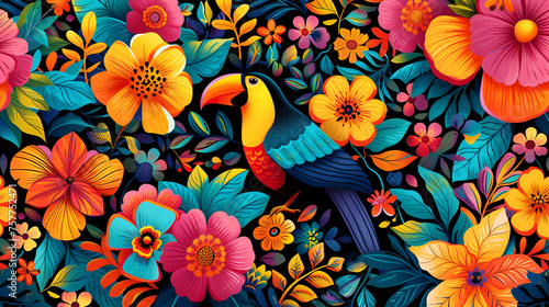 seamless pattern background influenced by the organic forms and vibrant colors of tropical rainforests with colourful birds and flowers.  generative ai  © Malaika