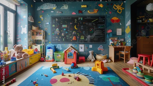 imagine: A vibrant children's playroom with colorful toys, a chalkboard wall, and plenty of space for imaginative play and creative exploration.