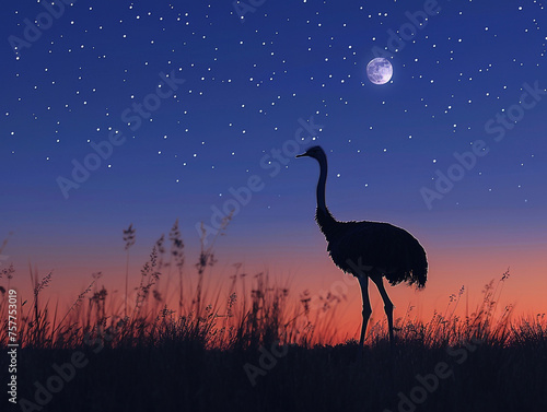 A lone ostrich under the starlit sky silhouette against the moon