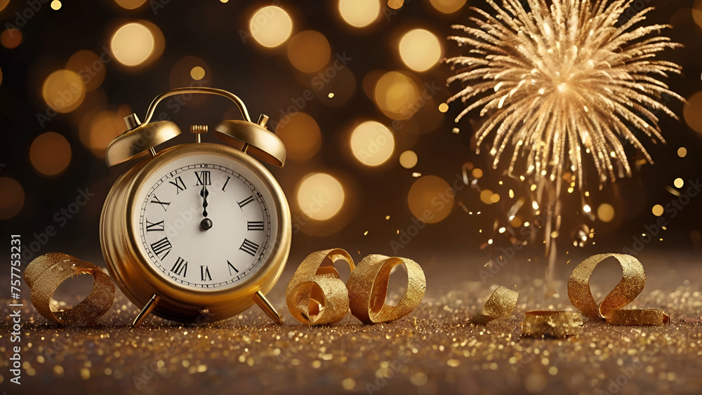 Vintage gold clock New Year 2024 with confetti, golden bokeh lights and fireworks. New Year 2024 card, creative idea .Generative ai
