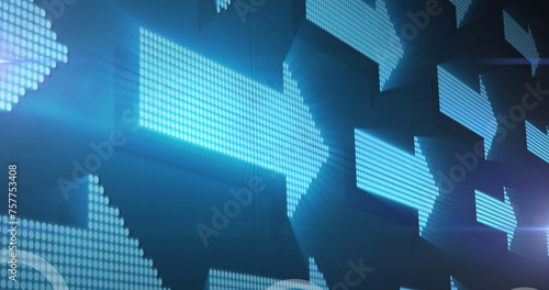 Image of white light bulbs moving over digital arrows pointing right on blue background