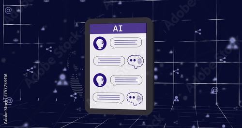 Image of ai chat and data processing over tablet screen and grid