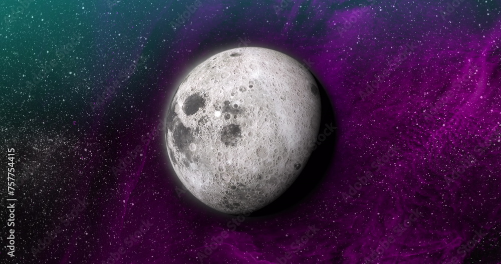 Naklejka premium Image of grey planet in green, purple and black space