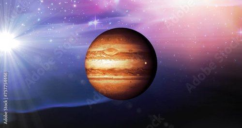 Image of brown planet in pink and blue space with stars