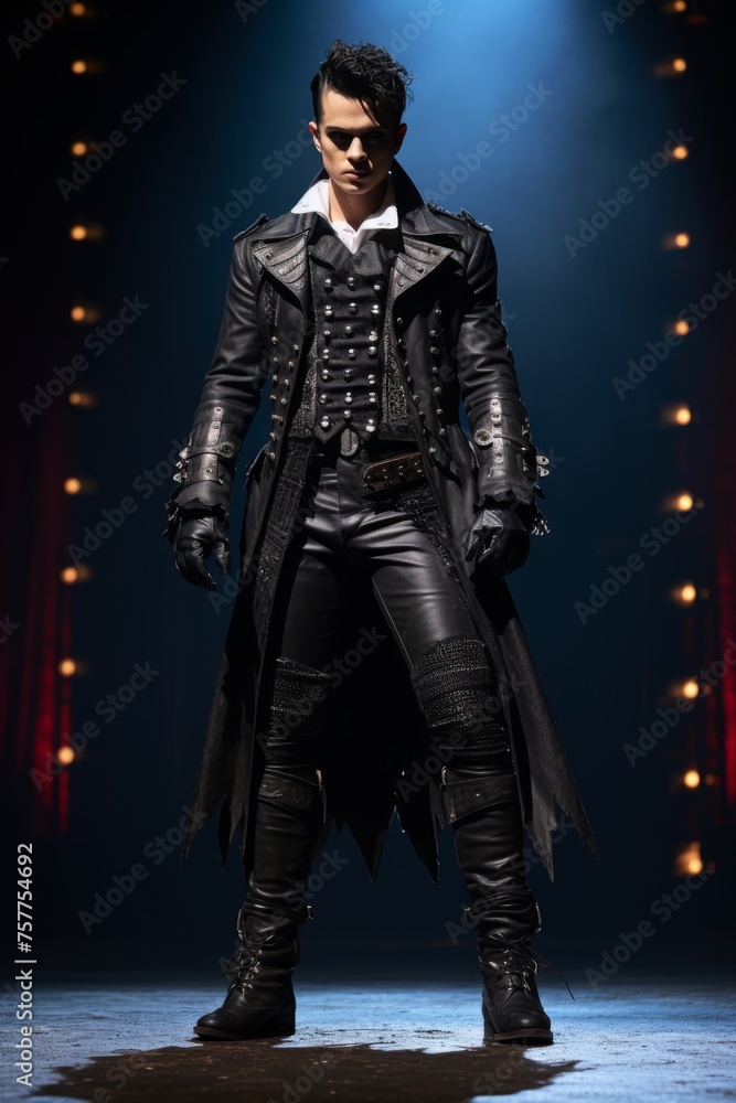 Fototapeta premium Full-Length Shot of an actor in Gothic Attire with gothic Boots on an Theatrical Stage 