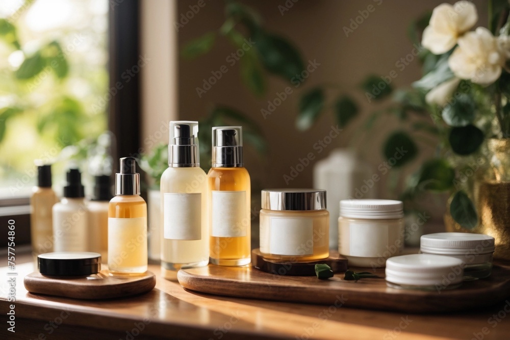 bottles of perfume and flower-cosmetic products bottles of perfume and flower-cosmetic products