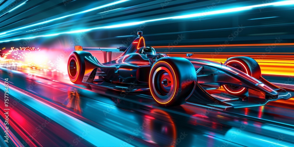 High speed futuristic race car with light trails